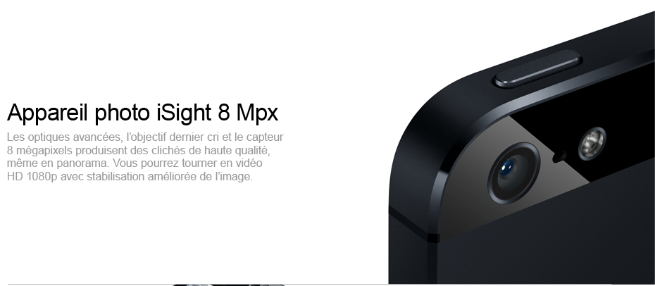 Appareil photo iSight 8 Mpx - Les optiques avancées, l’objectif dernier cri et le capteur 8 mégapixels produisent des clichés de haute qualité, même en panorama. Vous pourrez tourner en vidéo HD 1080p avec stabilisation améliorée de l’image.