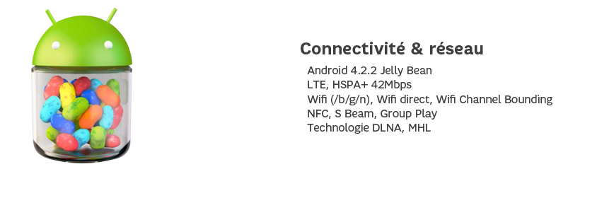 Connectivité et réseau : Android 4.2.2 Jelly Bean, LTE, HSPA+ 42Mbps, Wifi (/b/g/n), Wifi direct, Wifi Channel Bounding, NFC, S Beam, Group Play, Technologie DLNA, MHL