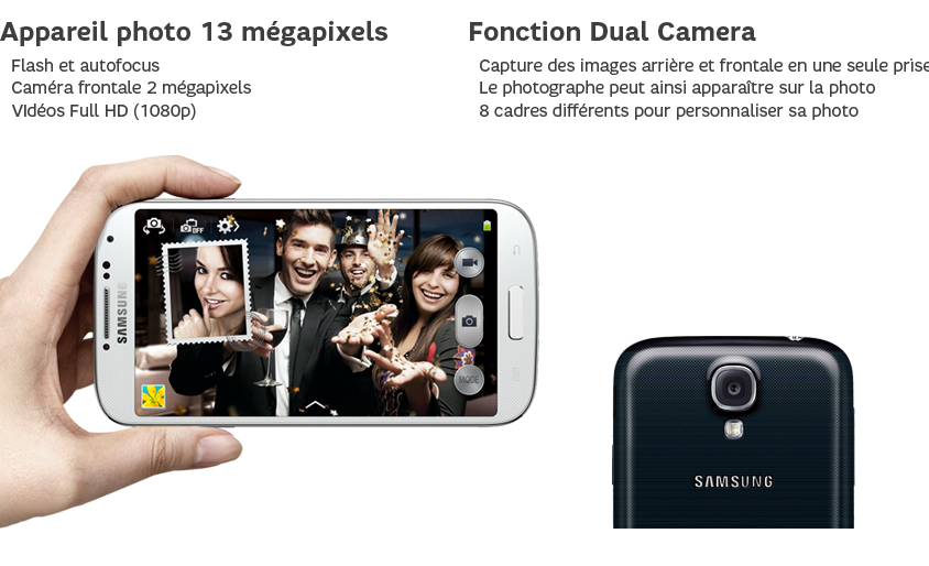 Appareil photo 13 mégapixels : Flash et autofocus - Caméra frontale 2Mpx - Vidéos Full HD (1080p) ; Fonction Dual Camera