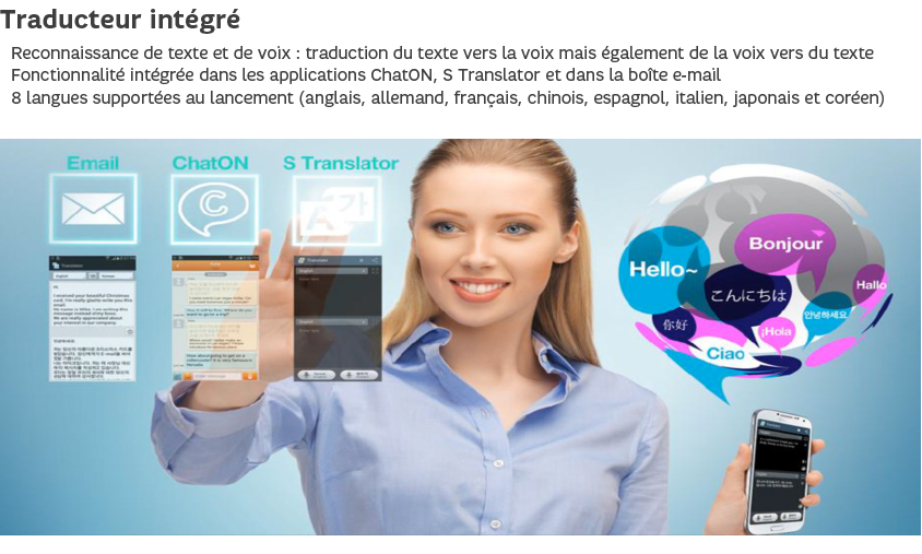 Traducteur intégré : Reconnaissance de texte et de voix, 8 langues supportées