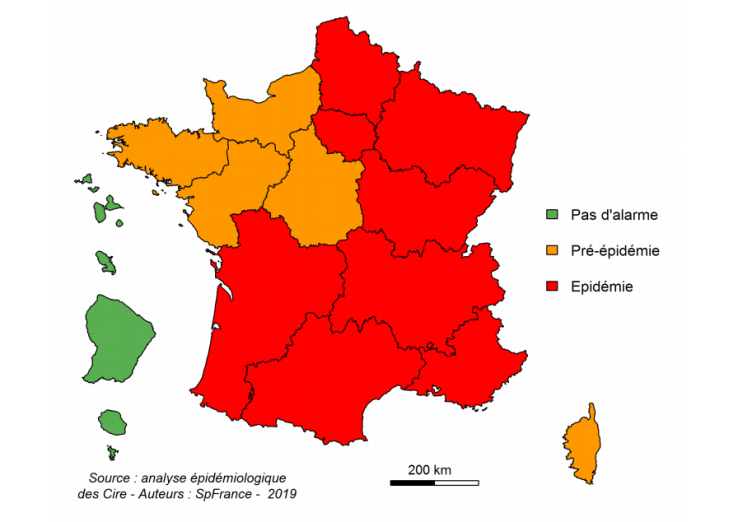 Etat d'avancée de la grippe pour la deuxième semaine du mois de janvier 2019.