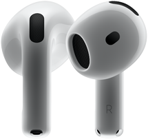 Matériel AirPods 4, vue montrant l’avant et l’arrière pour mettre en valeur le nouveau design