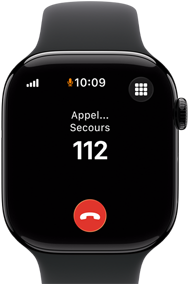 Apple Watch Series 11, boîtier en aluminium noir de jais, appel d’urgence en cours à l’écran, côté droit : Digital Crown, Bracelet Sport noir