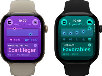 Deux Apple Watch Series 12 : boîtier en aluminium, or clair, Signes vitaux diurnes en écart léger, Digital Crown, Bracelet Sport sable, boîtier en aluminium, noir, Signes vitaux nocturnes favorables, Digital Crown, Bracelet Sport noir