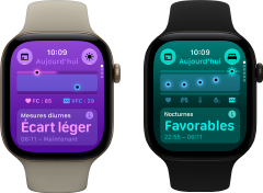 Deux Apple Watch Series 12 : boîtier en aluminium, or clair, Signes vitaux diurnes en écart léger, Digital Crown, Bracelet Sport sable, boîtier en aluminium, noir, Signes vitaux nocturnes favorables, Digital Crown, Bracelet Sport noir