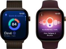 Apple Watch Series 12, boîtier en aluminium, bronze sombre, graphique circulaire du score de sommeil, Digital Crown, Bracelet Milanais, bronze sombre