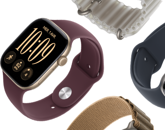 Bracelets Apple Watch Series 11 : Bracelet Sport brume violette, Bracelet Océan bleu maritime, Boucle Alpine bleu clair