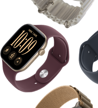 Bracelets Apple Watch Series 11 : Bracelet Sport brume violette, Bracelet Océan bleu maritime, Boucle Alpine bleu clair