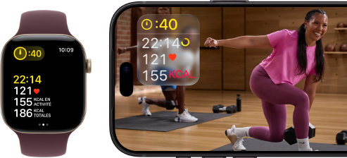 Apple Watch à côté d’un iPhone affichant une séance Apple Fitness+