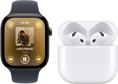 Apple Watch Series 12, boîtier en aluminium, noir, Bracelet Sport noir, app Apple Music ouverte, jumelée à des AirPods 4