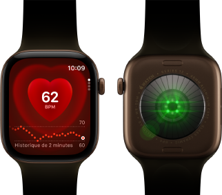 Deux Apple Watch Series 12, boîtier en aluminium, bronze sombre avec Bracelet Sport olive, l’une affichant l’app Fréquence cardiaque, l’autre montrant le Système de suivi de santé à l’arrière de la montre, avec des LED vertes lumineuses
