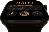 Apple Watch Series 12, boîtier en aluminium, bronze sombre, cadran Modulaire, complications : jour et date, Exercices, anneaux Activité, Apple Music, côté droit, Digital Crown, Bracelet Sport, olive