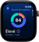 Apple Watch Series 12, boîtier en aluminium, gris sidéral, graphique circulaire du score de sommeil, côté droit, Digital Crown