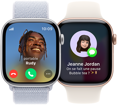 Appel entrant sur une Apple Watch Series 10 et réception d’un SMS sur une autre Apple Watch Series 10.