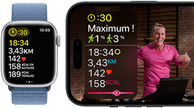 Données d’exercice affichées sur Apple Watch et entraînement Apple Fitness+ sur iPhone
