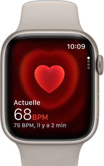 Vue frontale de l’Apple Watch montrant les battements de cœur de quelqu’un.