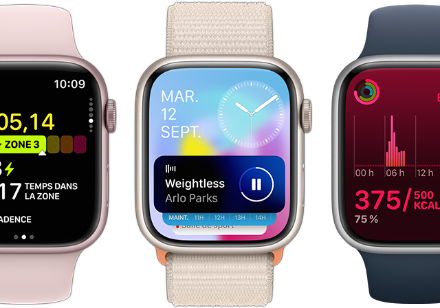 Une vue frontale de cinq Apple Watch montrant le plus grand nombre d’informations sur chaque écran grâce à la mise à jour watch OS 10.