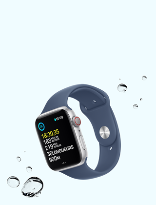 Écran de l’activité Natation sur une Apple Watch SE, à côté de gouttes d’eau