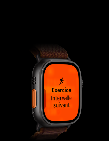 Apple Watch Ultra 4, boîtier en titane, noir, exercice Course à pied, intervalle suivant, côté gauche, bouton Action orange, Boucle Alpine