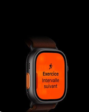 Apple Watch Ultra 4, boîtier en titane, noir, exercice Course à pied, intervalle suivant, côté gauche, bouton Action orange, Boucle Alpine