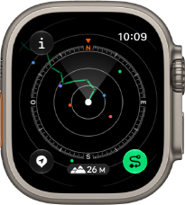 Apple Watch Ultra 4, boîtier en titane, finition naturelle, Point de départ montrant l’itinéraire avec les indications de la boussole, côté droit, Digital Crown, bouton latéral en saillie