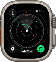 Apple Watch Ultra 4, boîtier en titane, finition naturelle, Point de départ montrant l’itinéraire avec les indications de la boussole, côté droit, Digital Crown, bouton latéral en saillie
