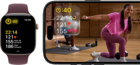 Apple Watch à côté d’un iPhone affichant une séance Apple Fitness+