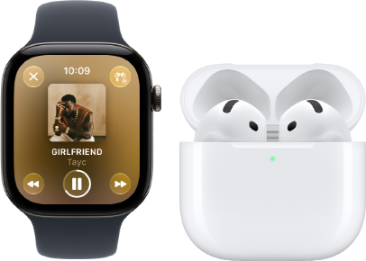 Apple Watch Series 12, boîtier en aluminium, noir, Bracelet Sport noir, app Apple Music ouverte, jumelée à des AirPods 4
