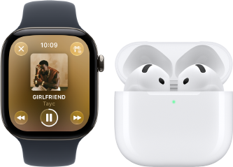 Apple Watch Series 12, boîtier en aluminium, noir, Bracelet Sport noir, app Apple Music ouverte, jumelée à des AirPods 4