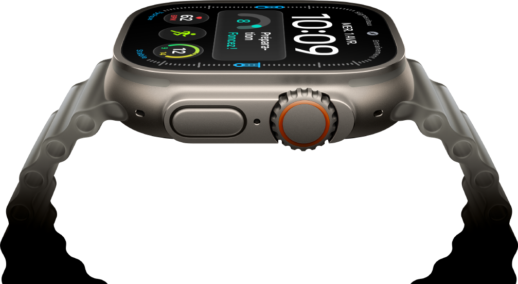 Apple Watch Ultra 4, boîtier en titane, finition naturelle, cadran numérique, complications : Préparation, Fréquence cardiaque, Exercices, Température, côté droit, Digital Crown, bouton latéral en saillie, Bracelet Océan, gris translucide