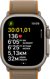 Apple Watch Ultra 4, boîtier en titane, finition naturelle, données avancées de l’exercice Course en plein air, côté droit, Digital Crown, bouton latéral en saillie, Boucle Trail, coloris sable