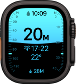 Apple Watch Ultra 4, boîtier en titane, noir, app Profondeur montrant des données de plongée, côté droit, Digital Crown, bouton latéral en saillie