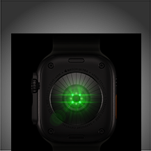 Dos de l’Apple Watch Ultra 4, boîtier en titane, noir, plusieurs capteurs ronds avec LED vertes allumées