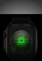 Dos de l’Apple Watch Ultra 4, boîtier en titane, noir, plusieurs capteurs ronds avec LED vertes allumées