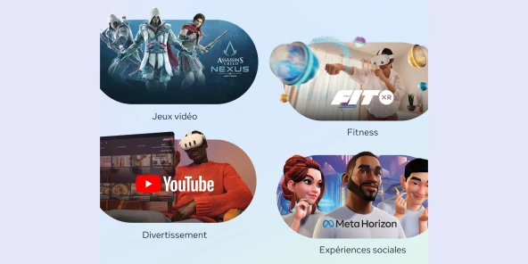 Des expériences à l'infini avec le jeu vidéo Assassins Creed Nexus, le fitness avec FITxr, le diverissement avec YouTube et les expériences sociales avec Meta Horizon.