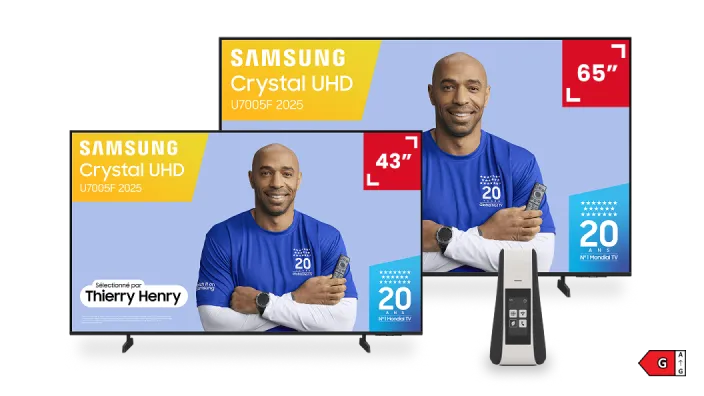 SFR BOX et TV Samsung UHD, 43 pouces et 65 pouces, classe énergétique G sur une échelle de A à G