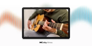 Visuel de la tablette qui présente une guitare + logo Dolby Atmos