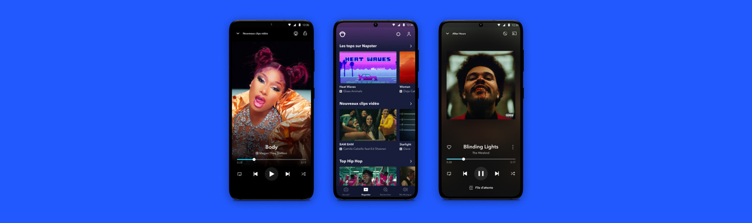 Trois visuels de l'interface Napster sur téléphone mobile