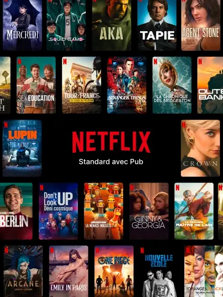 Retrouvez un grand nombre de series et de films sur Netflix standard avec pub, comme les séries Lupin, The Crown, Emily in Paris, Tapie...