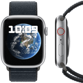 Une vue frontale et latérale de la nouvelle Apple Watch neutre en carbone.