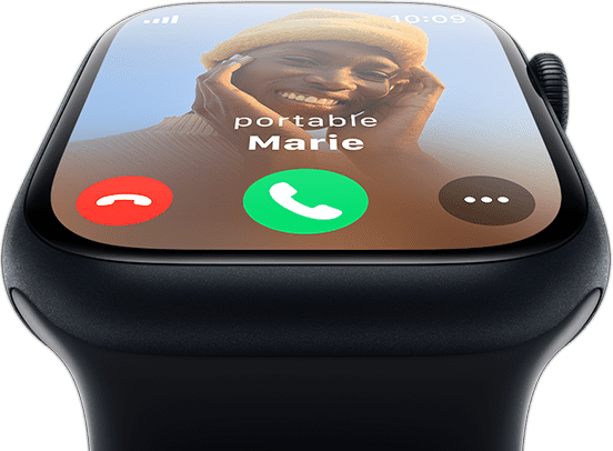 Vue frontale de l’Apple Watch montrant un appel entrant.