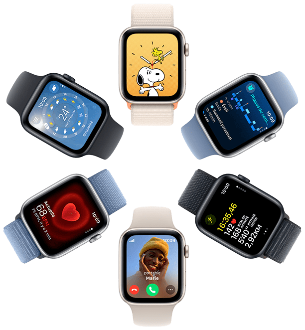 Une vue aérienne de six Apple Watch SE dont les six écrans affichent respectivement le fond d’écran Snoopy, des données de l’app Santé, des données de l’app Exercice, un appel entrant, la Fréquence cardiaque et l’app Météo.