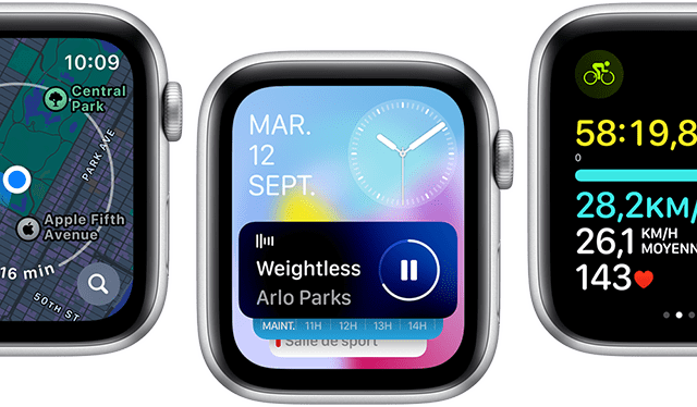 Vue avant de plusieurs écrans d’Apple Watch SE affichant différents écrans d’apps actualisées.