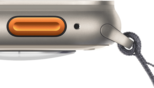 Apple Watch Ultra 2 montrant le bouton Action orange et le boîtier en titane robuste