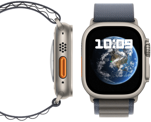 Vue de face et de profil de la nouvelle Apple Watch Ultra 2 neutre en carbone