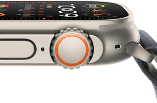 Apple Watch Ultra 2 montrant le boîtier en titane robuste, l’écran plat, la digital crown et le bouton latéral