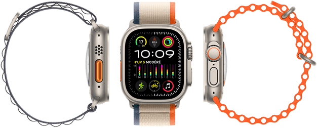 Apple Watch Ultra 2 montrant la compatibilité avec trois types de bracelets différents, le grand écran, le boîtier en titane robuste, le bouton action orange et la digital crown