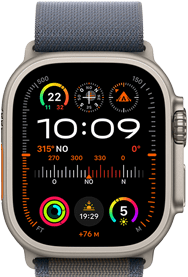 Apple Watch Ultra 2 associée à la Boucle Alpine bleu, affichant un cadran avec des complications dont le GPS, la température, la boussole, l’altitude et des données d’entraînement