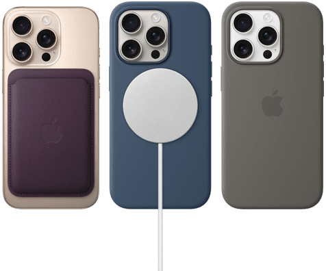 Trois iPhone 16 Pro, vue arrière, avec accessoires MagSafe fixés : Porte-cartes en tissage fin avec MagSafe pour iPhone, Chargeur MagSafe et Coque en silicone avec MagSafe pour iPhone