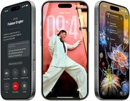 3 modèles d’iPhone 17 Pro, face avant, côte à côte, démontrant iOS 26, l’effet Liquid Glass et Apple Intelligence